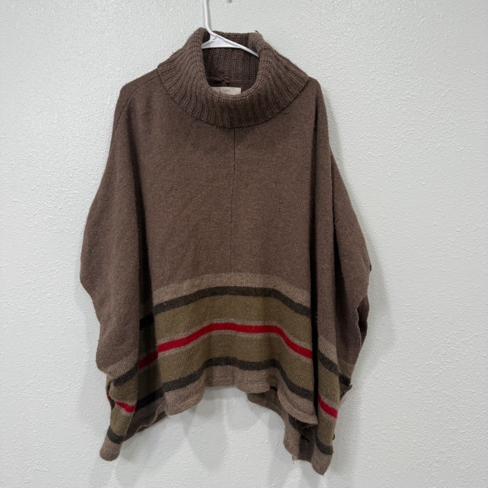LOFT Ann Taylor Brown Striped Knit Poncho Sweater Wool Blend Turtleneck XS/S